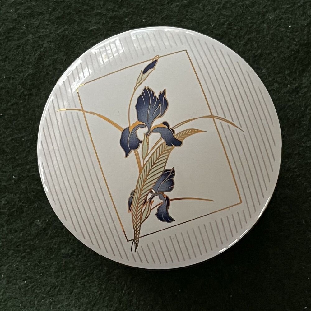 Otagiri Japan Grand Iris Purple Iris Round White Porcelain Trinket Jewelry Box